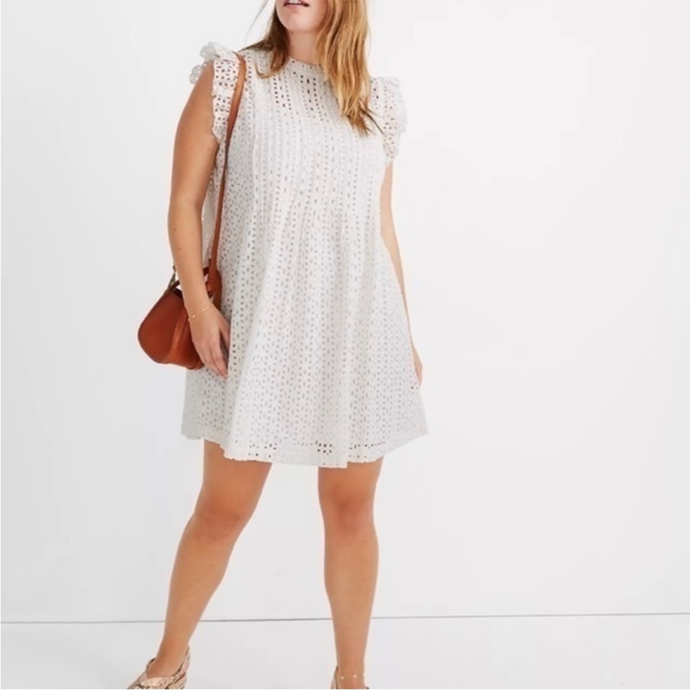 New Madewell Eyelet Ruffle Sleeve Pintuck Mini Dress Size Medium